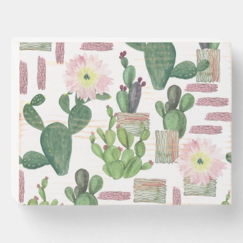 Watercolor Cactus Seamless Painting Pattern Wooden Box Sign