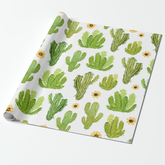 Watercolor cactus seamless pattern wrapping paper (Unrolled)