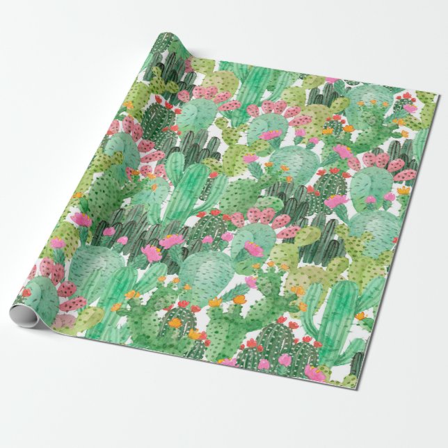 Watercolor cactus seamless pattern wrapping paper (Unrolled)