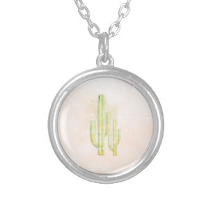Watercolor Cactus Simple Southwestern Design Silver Plated Necklace