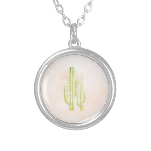 Watercolor Cactus Simple Southwestern Design Silver Plated Necklace