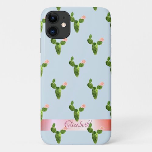 Watercolor Cactus Stripe _ Personalized iPhone 11 Case