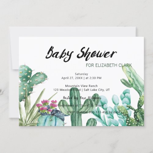 Watercolor Cactus  Succulent Baby Shower  Invitation