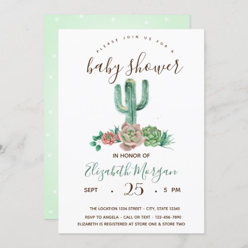Watercolor Cactus Succulent  Dots Baby Shower  Invitation