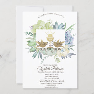 Watercolor Cactus Succulent First Holy Communion Invitation