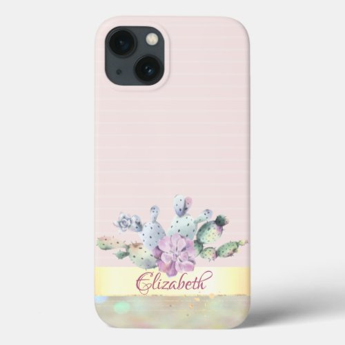 Watercolor CactusSucculent Flower Pink Stripees iPhone 13 Case