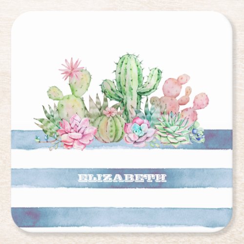 Watercolor Cactus Succulent Flowers Stripes  Square Paper Coaster