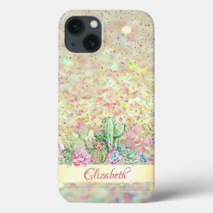 Watercolor Cactus,Succulent Glitter Bokeh iPhone 13 Case