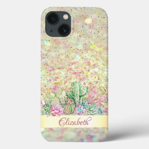 Watercolor CactusSucculent Glitter Bokeh iPhone 13 Case