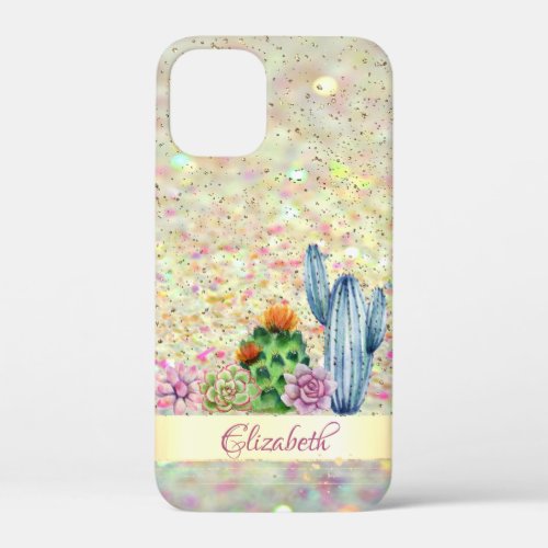 Watercolor CactusSucculent Glitter Bokeh  iPhone 12 Mini Case
