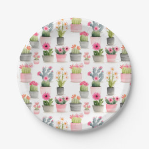 Watercolor Cactus Succulent Pattern Pink Western Paper Plates