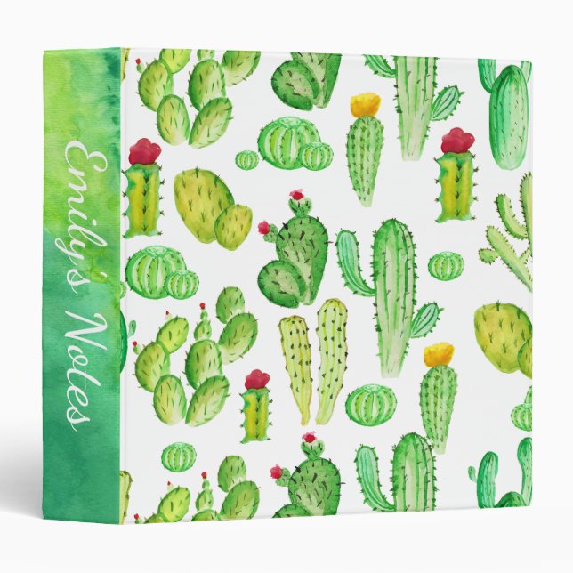Watercolor Cactus Succulent Pattern School 3 Ring Binder (Front/Spine)