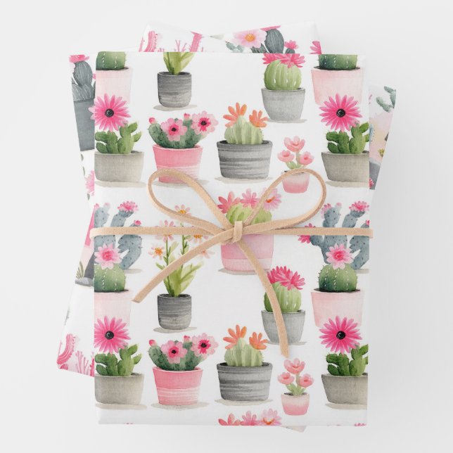  Watercolor Cactus Succulent Pattern Western Chic Wrapping Paper Sheets (In situ)