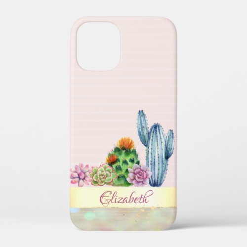 Watercolor CactusSucculent Pink Stripe iPhone 12 Mini Case