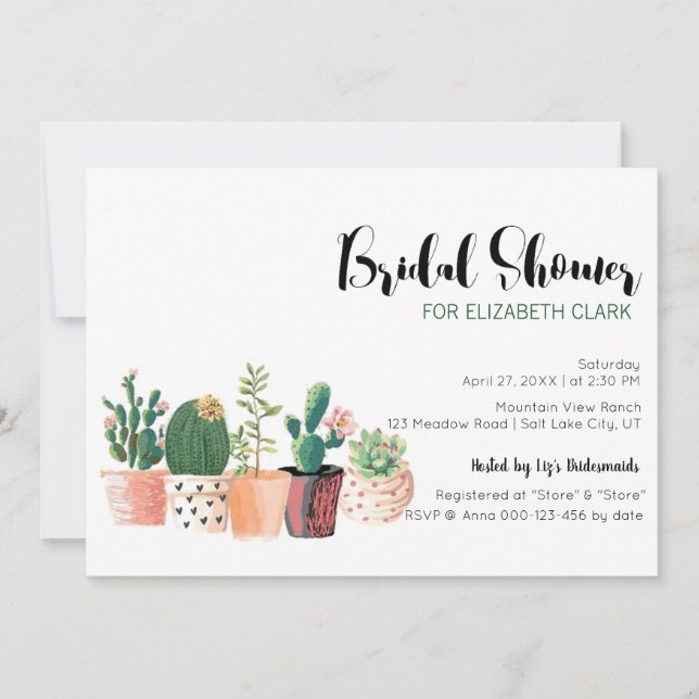Watercolor Cactus & Succulent Pots Bridal Shower Invitation (Front)