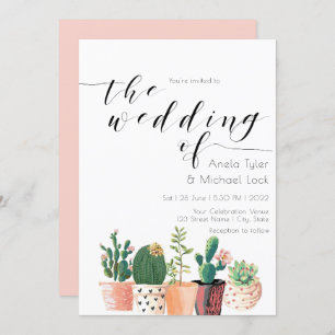 Watercolor Cactus Succulent Typography Wedding Invitation
