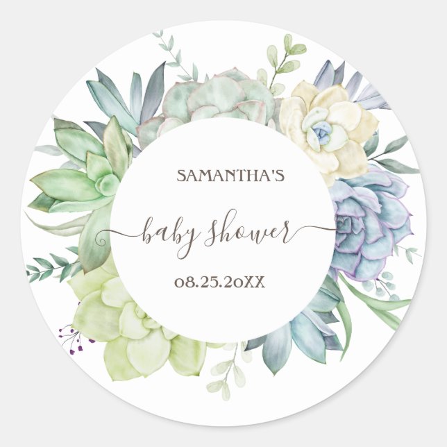Watercolor Cactus Succulents Baby Shower   Classic Round Sticker (Front)