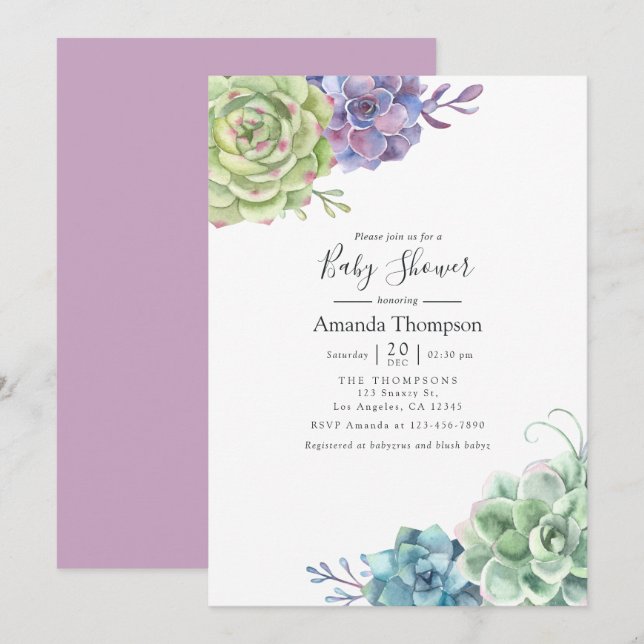 Watercolor Cactus Succulents Baby Shower Invitation (Front/Back)