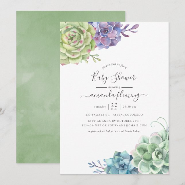 Watercolor Cactus Succulents Baby Shower Invitation (Front/Back)