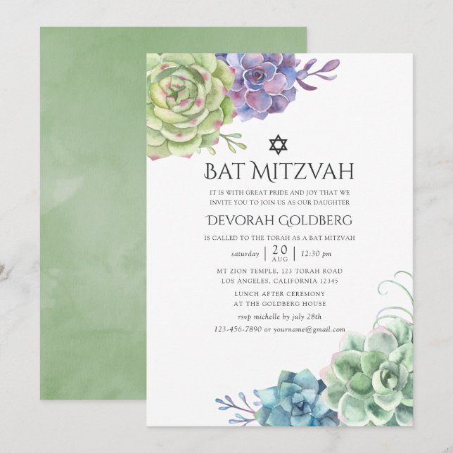 Watercolor Cactus Succulents Bat Mitzvah Invitation (Front/Back)