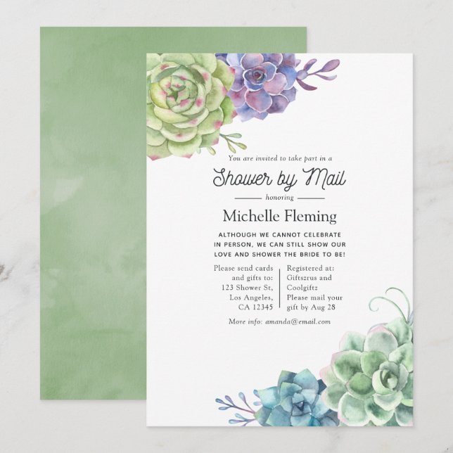 Watercolor Cactus Succulents Bridal Shower by Mail Invitation (Front/Back)