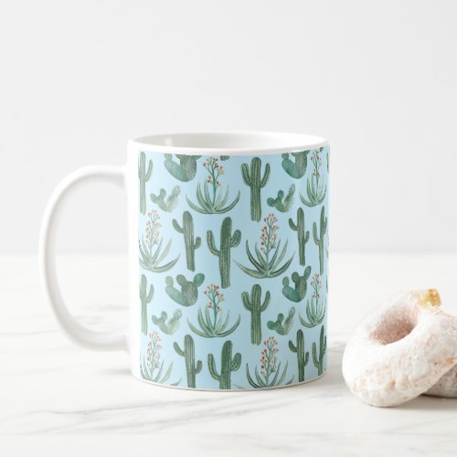 Watercolor Cactus  Succulents Desert Pattern Blue Coffee Mug