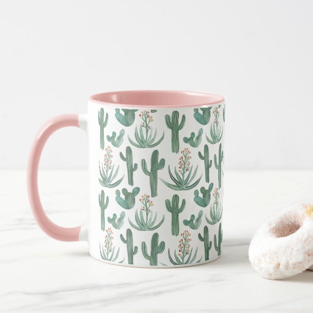 Watercolor Cactus & Succulents Desert Pattern Pink Mug (With Donut)