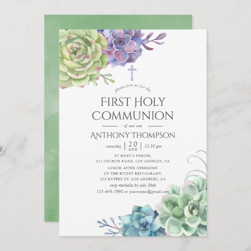 Watercolor Cactus Succulents First Holy Communion Invitation