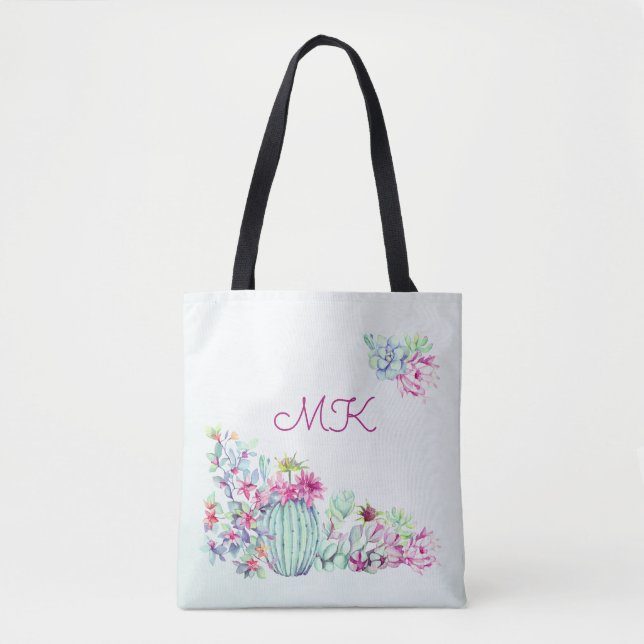 Watercolor Cactus & Succulents Monogram Tote Bag (Front)