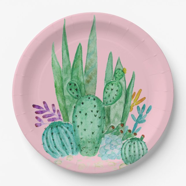 Watercolor , cactus , succulents paper plates (Front)