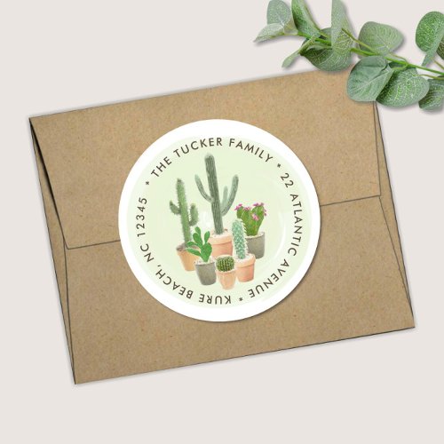 Watercolor Cactus Succulents Pots Return Address C Classic Round Sticker