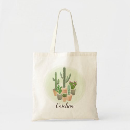 Watercolor Cactus Succulents Potted Plants Name Tote Bag