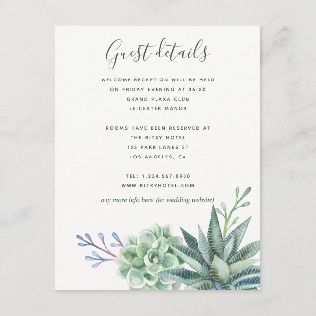 Watercolor Cactus Succulents Wedding Guest Details Enclosure Card (Front)