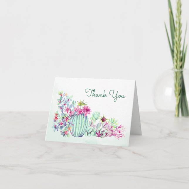 Watercolor Cactus & Succulents  Wedding Thank You Card (Front)