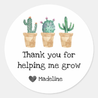 Watercolor Cactus Thank You For Helping Me Grow Classic Round Sticker