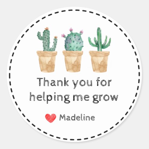 Watercolor Cactus Thank You For Helping Me Grow Classic Round Sticker