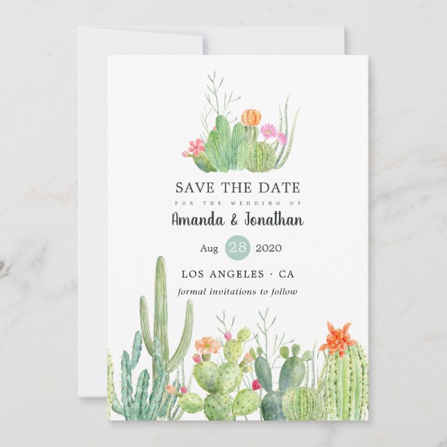 Watercolor Cactus Wedding Photo Save The Date (Front)