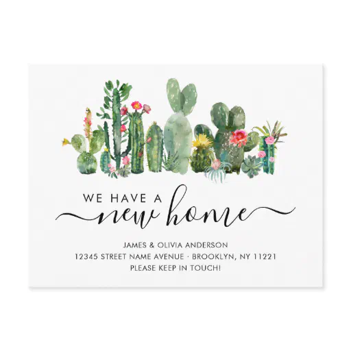 Watercolor Cactus We've Moved New Home Cute Moving Announcement Postcard