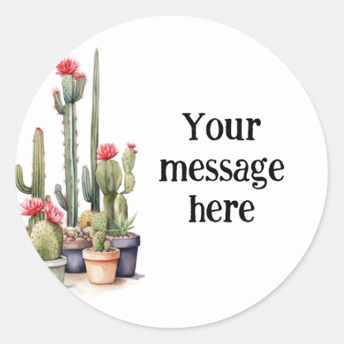 Watercolor Cactus White Background Custom Message Classic Round Sticker