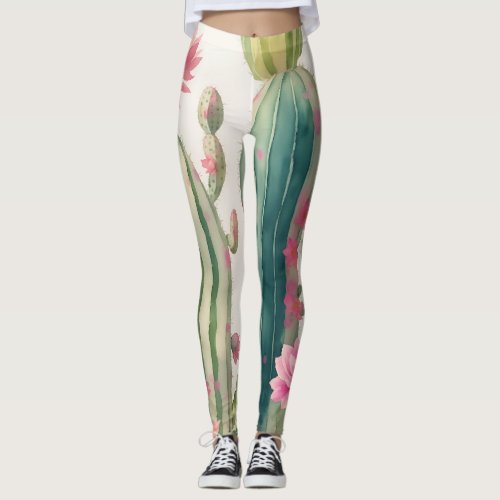 Watercolor Cactus Wildflower Floral Leggings