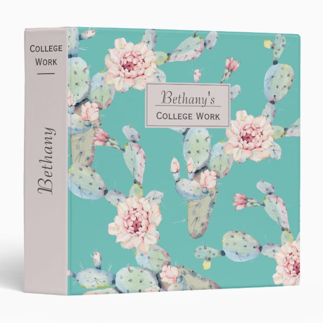 Watercolor Cactus with Flowers Modern Personalised 3 Ring Binder (Front/Spine)