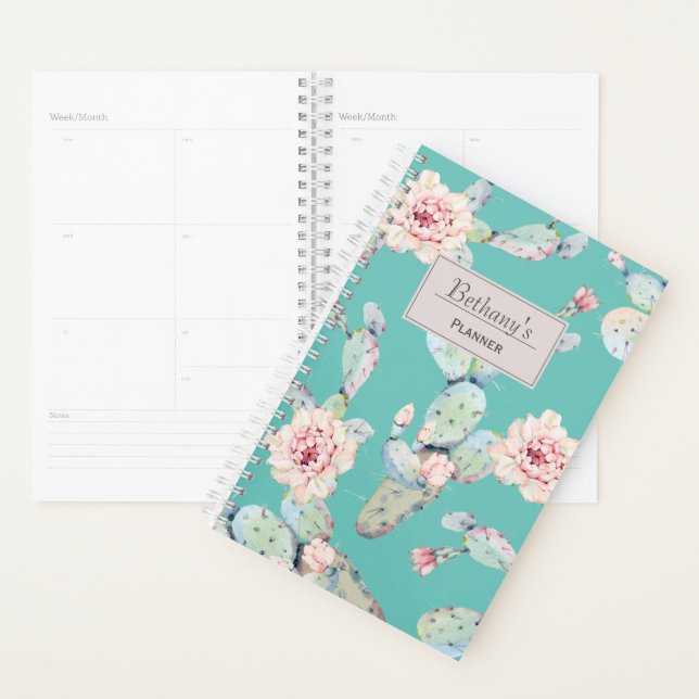 Watercolor Cactus with Flowers Modern Personalised Planner (Display)
