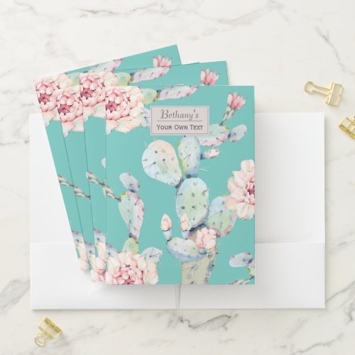 Watercolor Cactus with Flowers Modern Personalised Pocket Folder