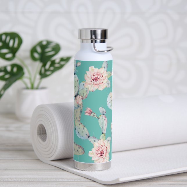 Watercolor Cactus with Flowers Modern Teal Water Bottle (Yoga)
