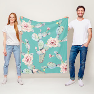 Watercolor Cactus with Pink Flowers Modern Pattern Fleece Blanket