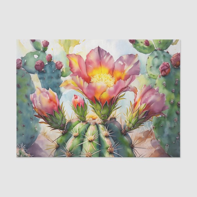 Watercolor Cactus with Vibrant Desert Flowers Tissue Paper (Front)