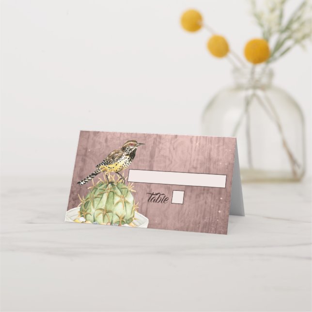 Watercolor Cactus with Wren Bird Wedding Place Card (Front)