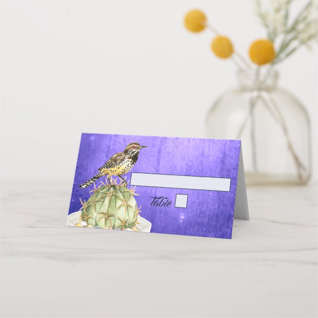Watercolor Cactus with Wren Bird Wedding Place Card (Front)