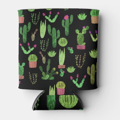 Watercolor Cactuses Plant Seamless Background Can Cooler