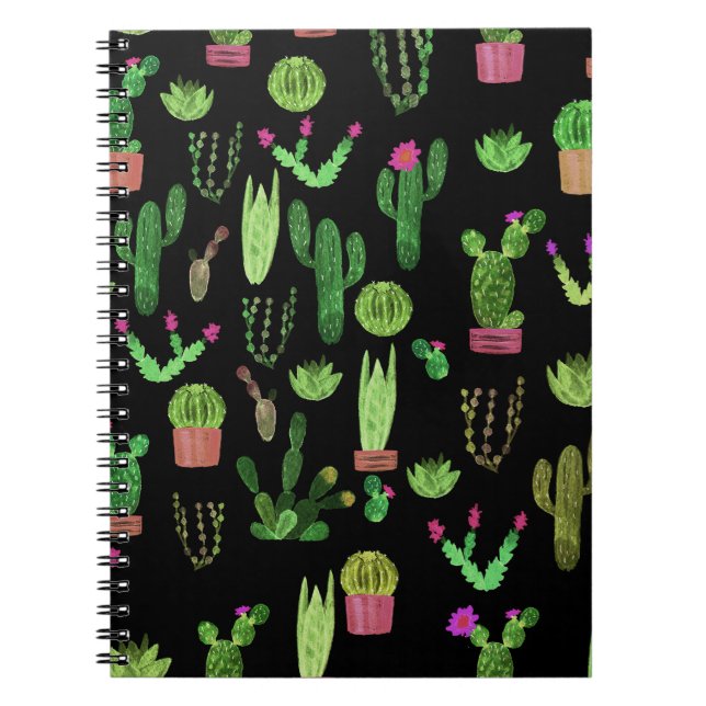 Watercolor Cactuses Plant Seamless Background Notebook (Front)